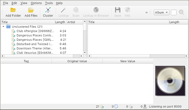 Screenshot of Picard with unclustered music files